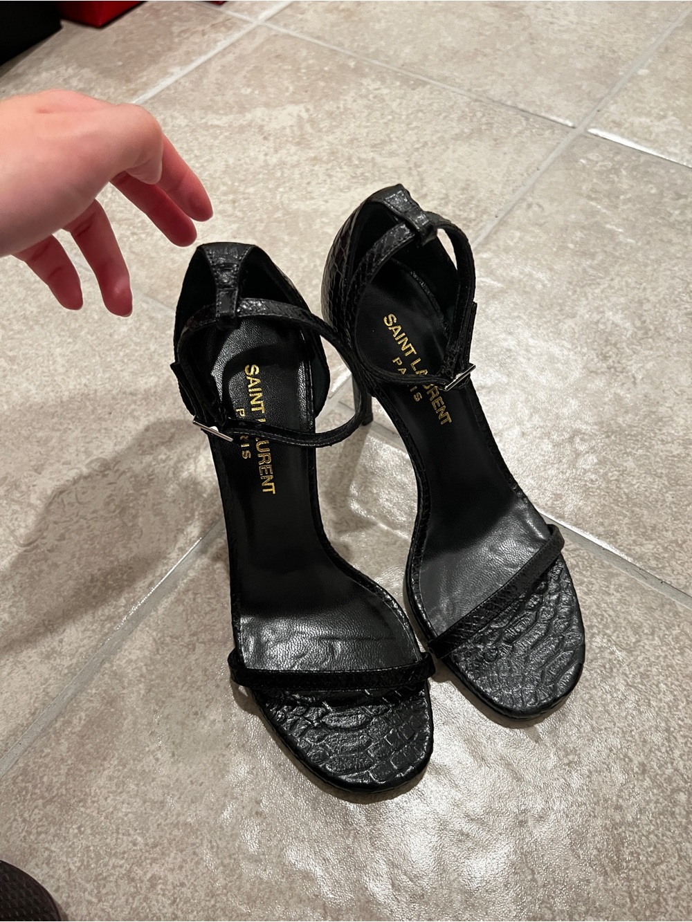 Saint Laurent Black Croc-Textured Ankle-Strap Stilettos - Picture 4 of 4